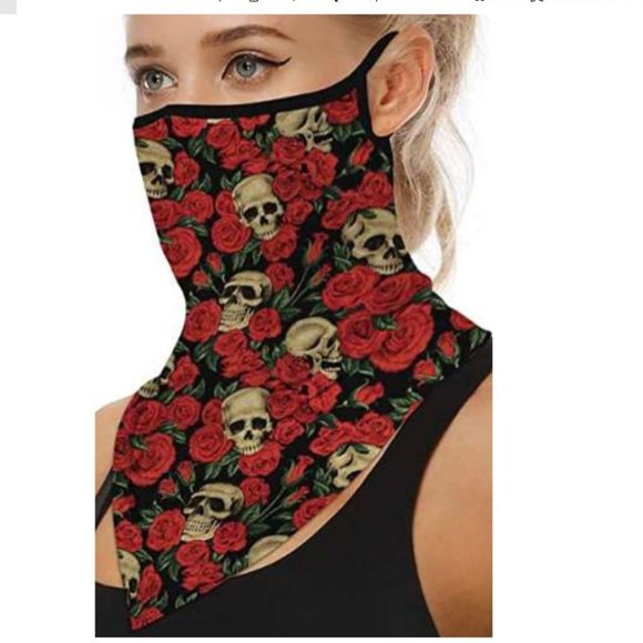 Skull and Roses Print Face Scarf Bandana Face Mask - Picture 3 of 4